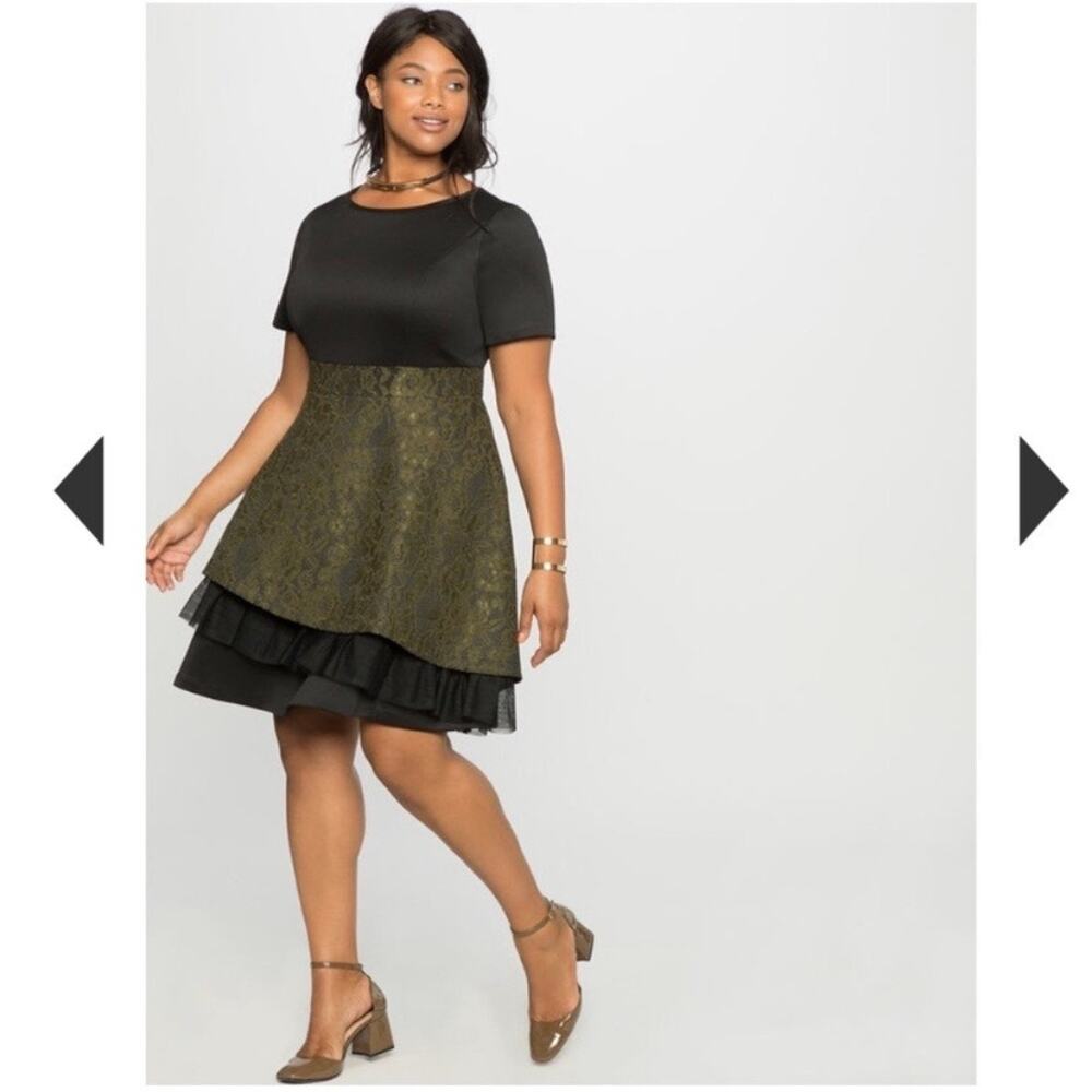 Eloquii Studio Black&Green Brocade Lace Fit&Flare Midi Dress Sz.24W NWT